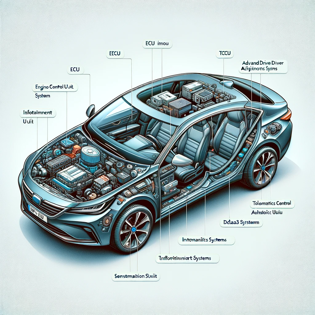 Modern car with software-driven components highlighted